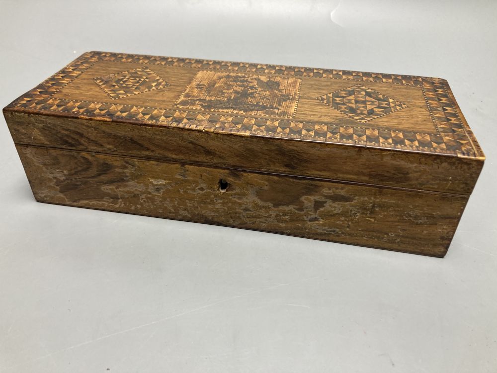 A Tunbridge ware box, width 24cm, and a Tunbridge ware pin cushion